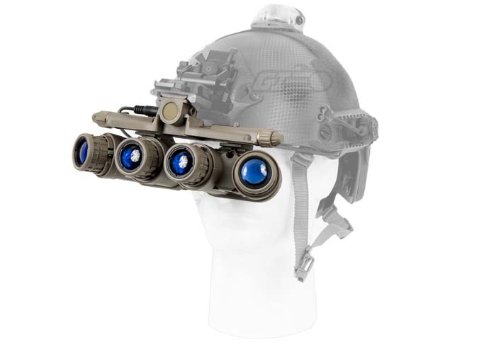 Quad Night Vision Goggles On Tactical Helmet Stock Photo