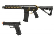 Zion Arms Full Metal R15 AEG Airsoft Rifle W/ ETU & Agency Arms EXA GBB Airsoft Pistol Combo (Black & Gold)