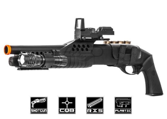 UK Arms M180A1 M3 Spring Airsoft Shotgun Flashlight & Red Dot Package ( Black )