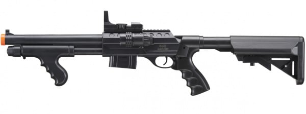 UK Arms Spring M0681D Spring Powered Pump Action Shotgun w/ Red Dot Sight, Flashlight, and Stock (Black)