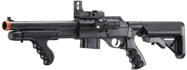 UK Arms Spring M0681D Spring Powered Pump Action Shotgun w/ Red Dot Sight, Flashlight, and Stock (Black)