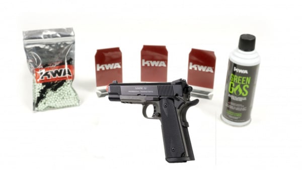 KWA 1911 MK IV PTP - BLACK with 3 targets, 1000rd BB, & green gas