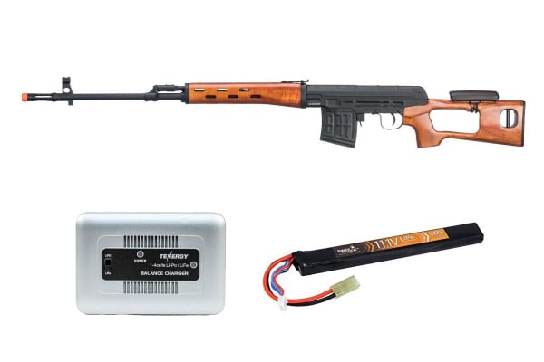 Charged Up Player Package #3 ft. A&K SVD Dragunov Electric Airsoft Sniper Rifle w/ Fixed Sportsman Stock ( Black / Real Wood )