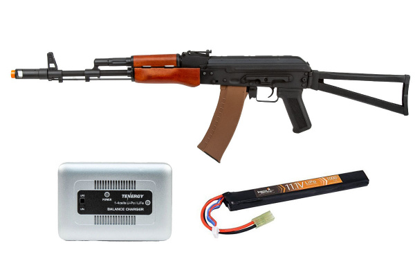 Charged Up Player Package #6 ft. Lancer Tactical AK-74N w/ Folding Stock AEG Airsoft Rifle ( Real Wood / Stamp Steel )