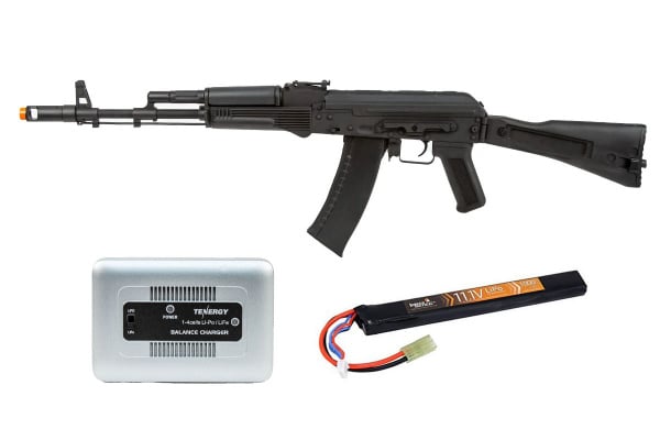 Charged Up Player Package #7 ft. Lancer Tactical AK-74M w/ Folding Stock AEG Airsoft Rifle ( Stamp Steel )