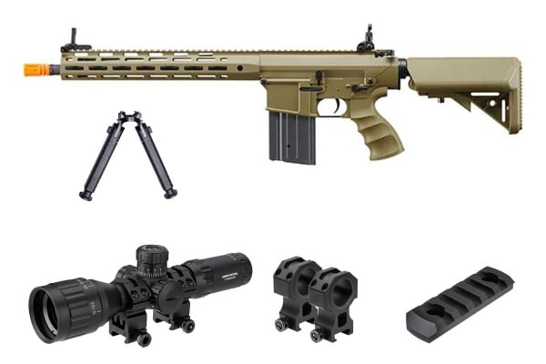 Golden Eagle SR-25K AEG Airsoft Rifle W/ URX4 M-LOK Handguard & Crane Stock Field Ready Combo (Tan)