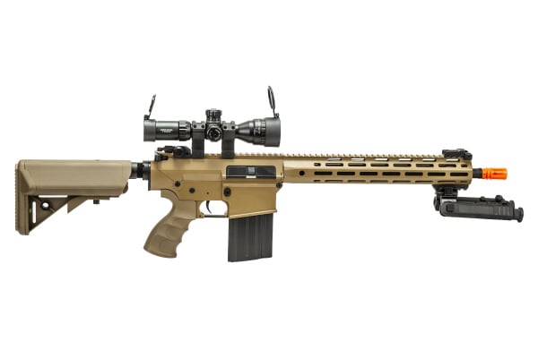 Golden Eagle SR-25K AEG Airsoft Rifle W/ URX4 M-LOK Handguard & Crane Stock Field Ready Combo (Tan)