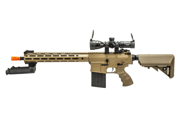 Golden Eagle SR-25K AEG Airsoft Rifle W/ URX4 M-LOK Handguard & Crane Stock Field Ready Combo (Tan)