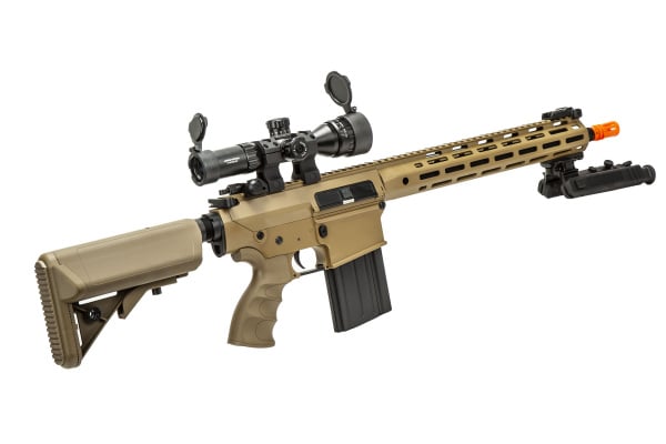 Golden Eagle SR-25K AEG Airsoft Rifle W/ URX4 M-LOK Handguard & Crane Stock Field Ready Combo (Tan)