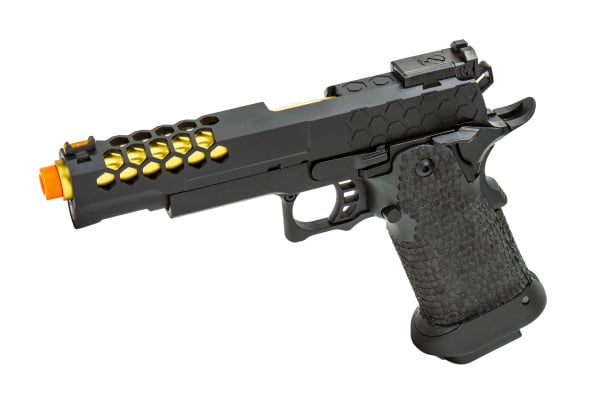 Golden Eagle 3399 OTS .45 Hi-Capa Gas Blowback Pistol w/ Hive Vents & Stippling ( Black / Gold )