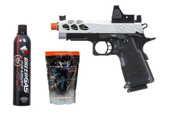 Lancer Tactical Stryk Hi-Capa 4.3 Gas Blowback Airsoft Pistol w/ Reflex Red Dot Sight Starter Package (Black & Silver)