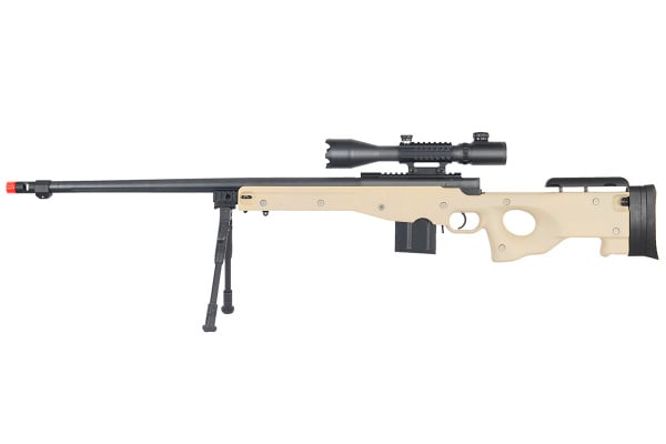 WELL MB4402TAB2 Bolt Action Airsoft Rifle With Fluted Barrel, Scope, And Bipod ( Tan )