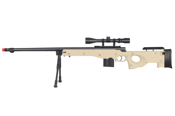 WELL MB4402TAB Bolt Action Airsoft Rifle With Fluted Barrel, Scope, And Bipod ( Tan )