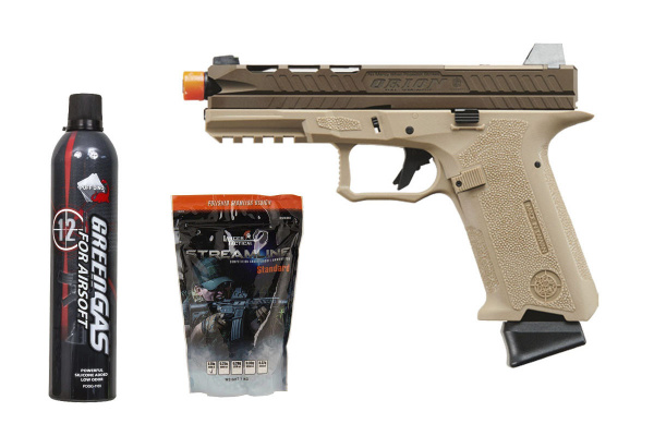 Poseidon CS Orion GBB Airsoft Pistol Gas & Ammo Combo (Tan & Bronze)