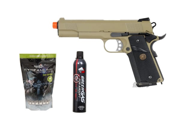 Gassed Up Player Package #22 ft. WE Desert Warrior MEU 1911 GBB Airsoft Pistol ( Tan )