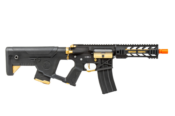 Lancer Tactical Enforcer BATTLE HAWK 7" Skeleton ProLine ETC & Full Metal AEG Airsoft Rifle w/ Alpha Stock ( Black / Gold / High