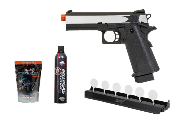 Plate Rack Challenge Package #8 ft. KLI Dual Power Hi-Capa 4.3 Gas Blowback Airsoft Pistol ( Two Tone )