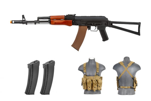 Premium Package #8 ft. Lancer Tactical AK-74N w/ Folding Stock AEG Airsoft Rifle ( Real Wood / Stamp Steel )